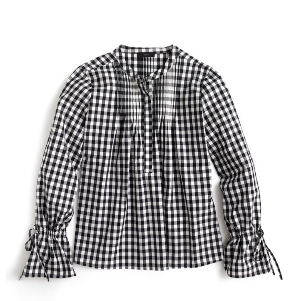 J. Crew Tie Sleeve Pin Tucked Gingham Top